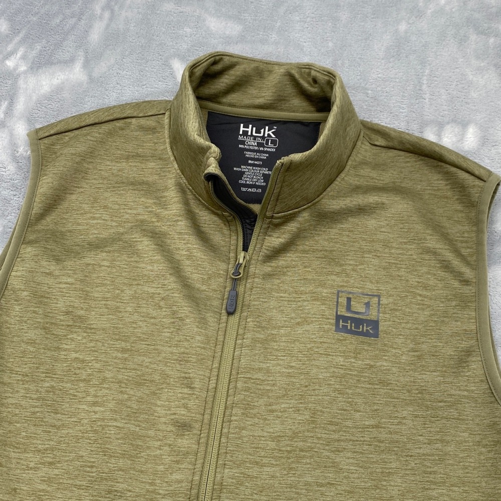 Huk Mens Large Olive Green Heather Full Zip Performance Fishing Vest RN144273